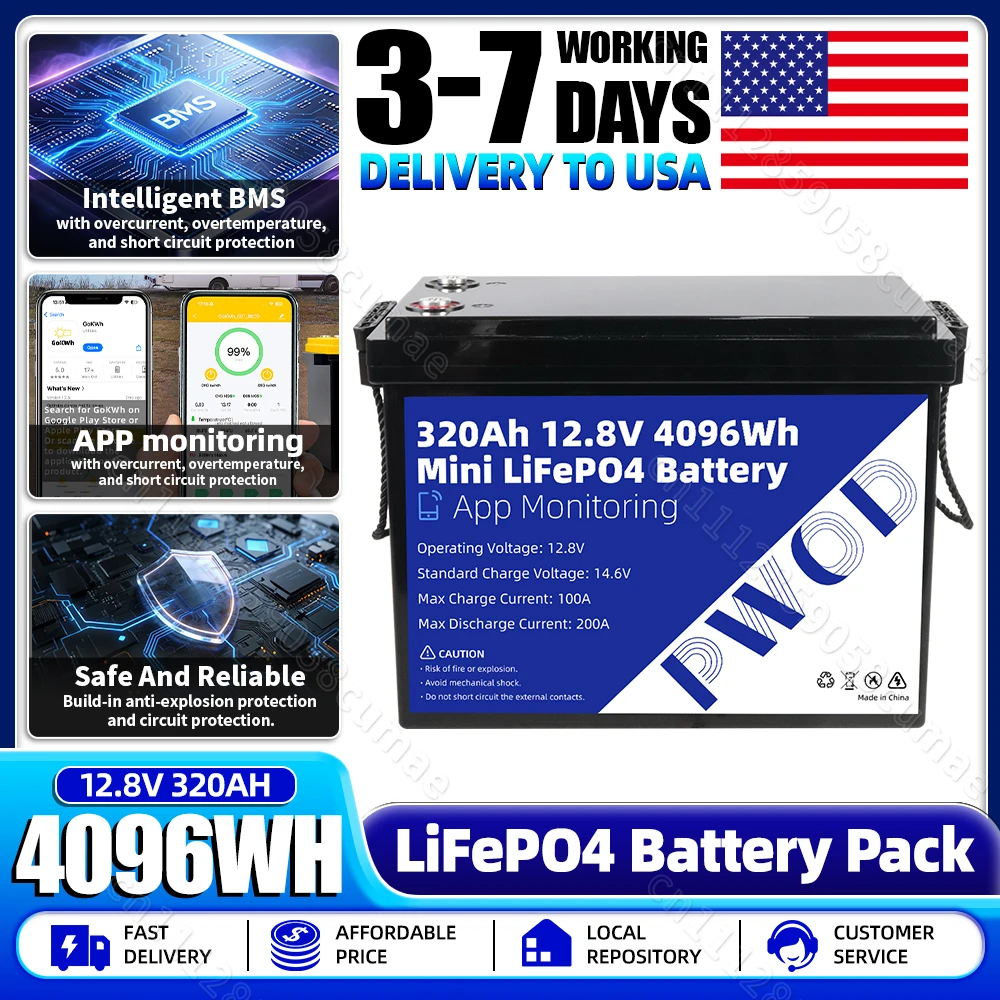 

Brand New 12.8V 320Ah Lifepo4 Battery 4096Wh Grade A safety and Environmental Protection Rechargeable Ithium Iron Phosphate Cell Pack 8000+ Cycles Built-in 4S 200A BMS IP65 Protection For Outdoor Camping Trolling Motors Marine Home Energy Storage