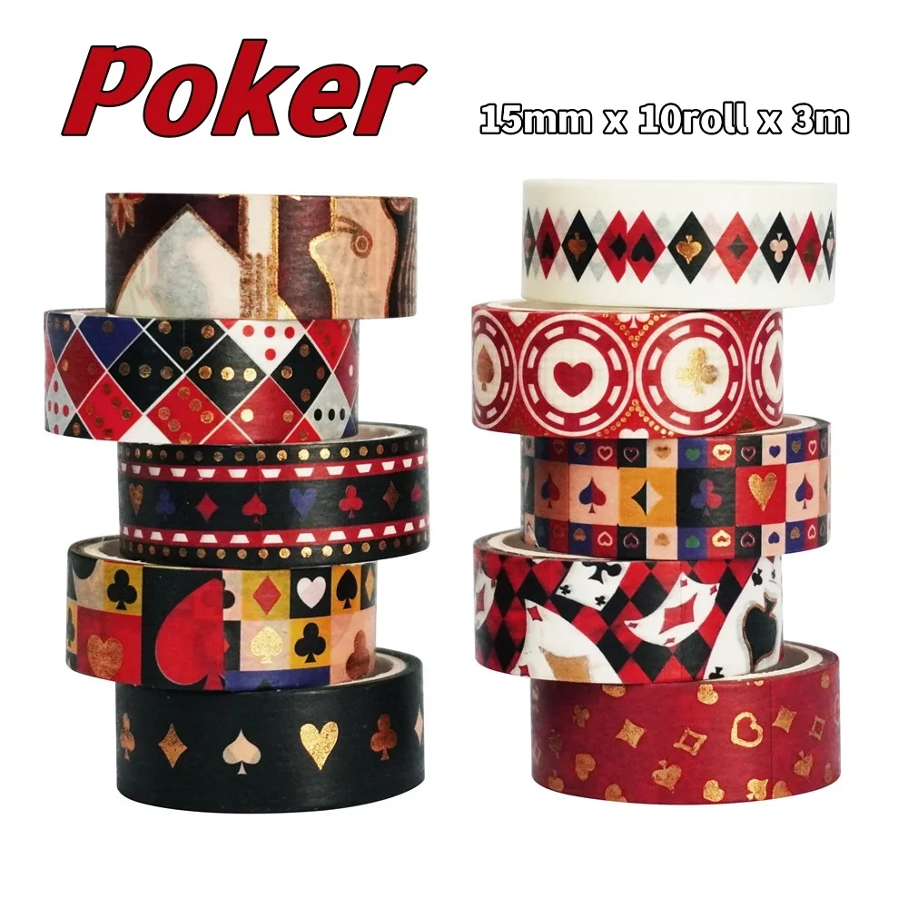 

10pcs Poker Washi Tapes Set Red Heart Spade Diamond 15mm Adhesive Paper Masking Tapes Diary Decoration Stickers A7318