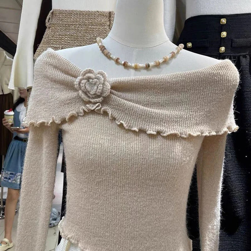 Knitwear spring new pure desire style one-line shoulder collar three-dimensional flower elegant off-the-shoulder top tshirt