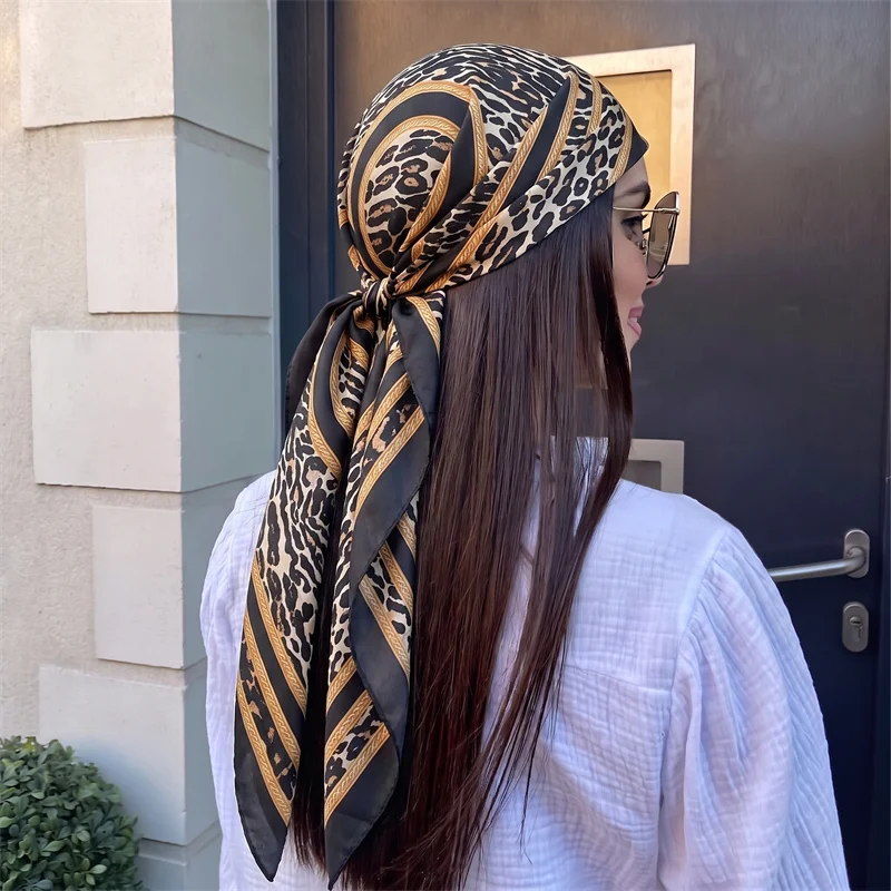 2026  Leopard Border Gold Stripe Satin Scarf Women 90x90cm Hair Wrap Ladies Bandana Vacation Wear Lightweight Breathable