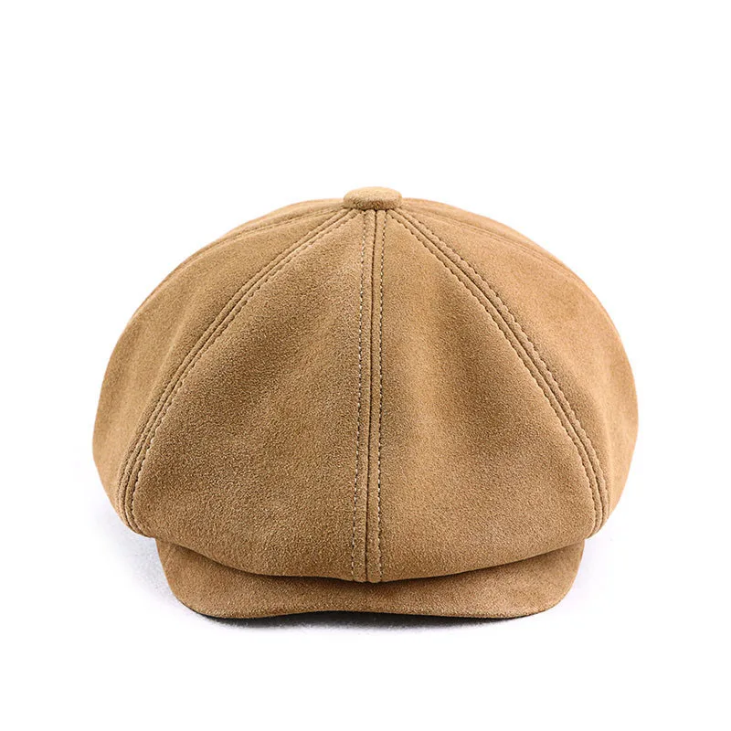 Genuine Sheepskin Suede Autumn Winter Gentry Cap For Men British Style Fine Cutting Top Grade Octagonal Cap Leisure Beret Caps