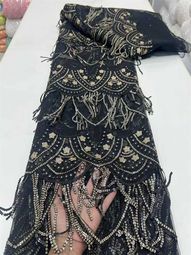 

Beautiful Nigerian Sequins Party Lace African Beads Lace Fabric 2026 High Quality 5 Yards African French Tulle Net Lace Fabric