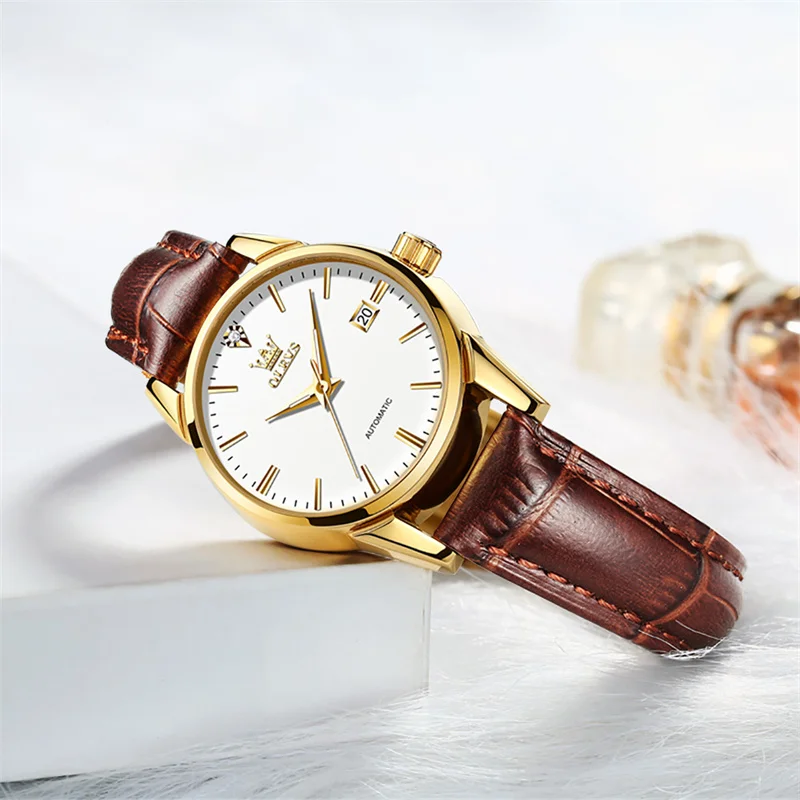 OLEVS Top Luxury Women Wristwatch Automatic Mechanical Waterproof Watch Calendar Brown Leather Watchstrap Lady Watches 2024