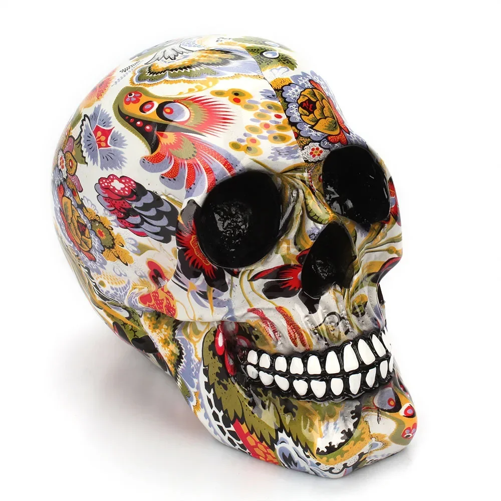 1pc, Horror Skull Decoration Resin Color Flower Painting Halloween Skull Home Bar Table Desktop Decoration Craft Gift