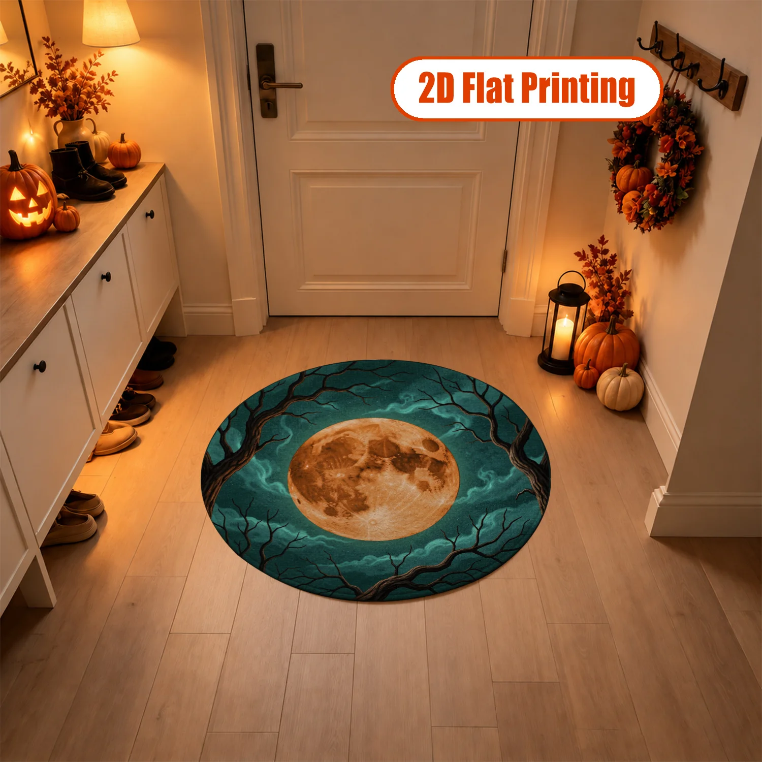 Full Moon Twisted Bare Tree Round Pattern Velvet Area Rug, Machine Washable Soft Floor Rug for Living Room, Bedroom, Foyer, Ideal for Halloween, Thanksgiving, Christmas, New Year Home Decor