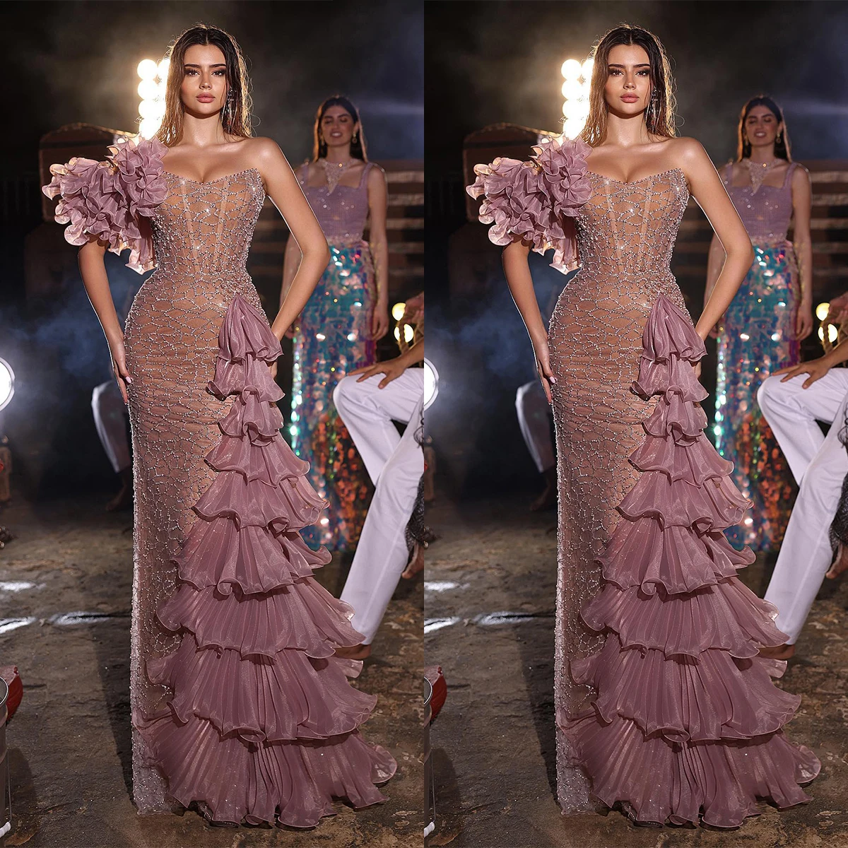 

Charming Mermaid Prom Dress For Women Beading Ruffles One Shoulder Tiered Evening Party Gown Custom Made