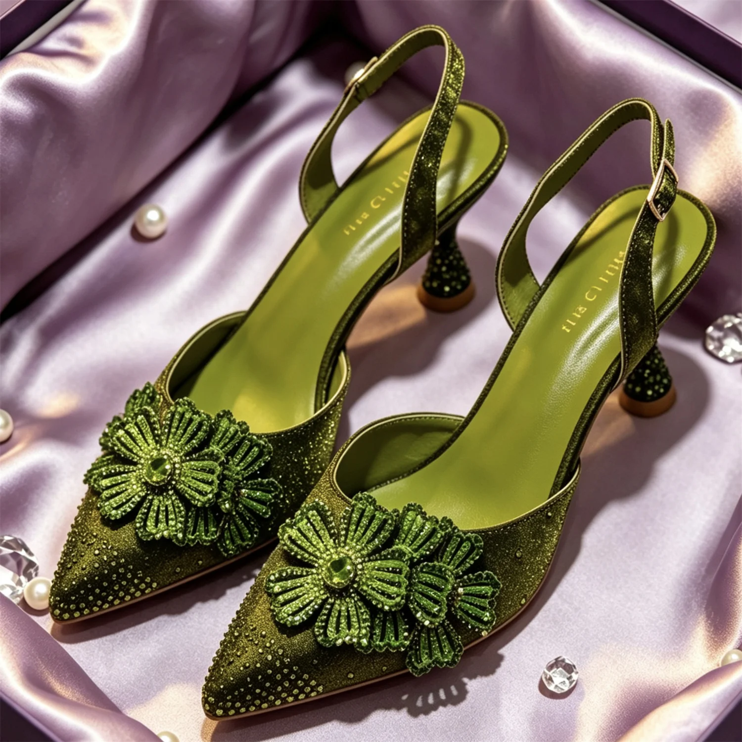Elegant Women's Rhinestone Pointed Toe Slingback Satin Pumps with 3D Flower - Perfect for Weddings, Parties, Evenings,