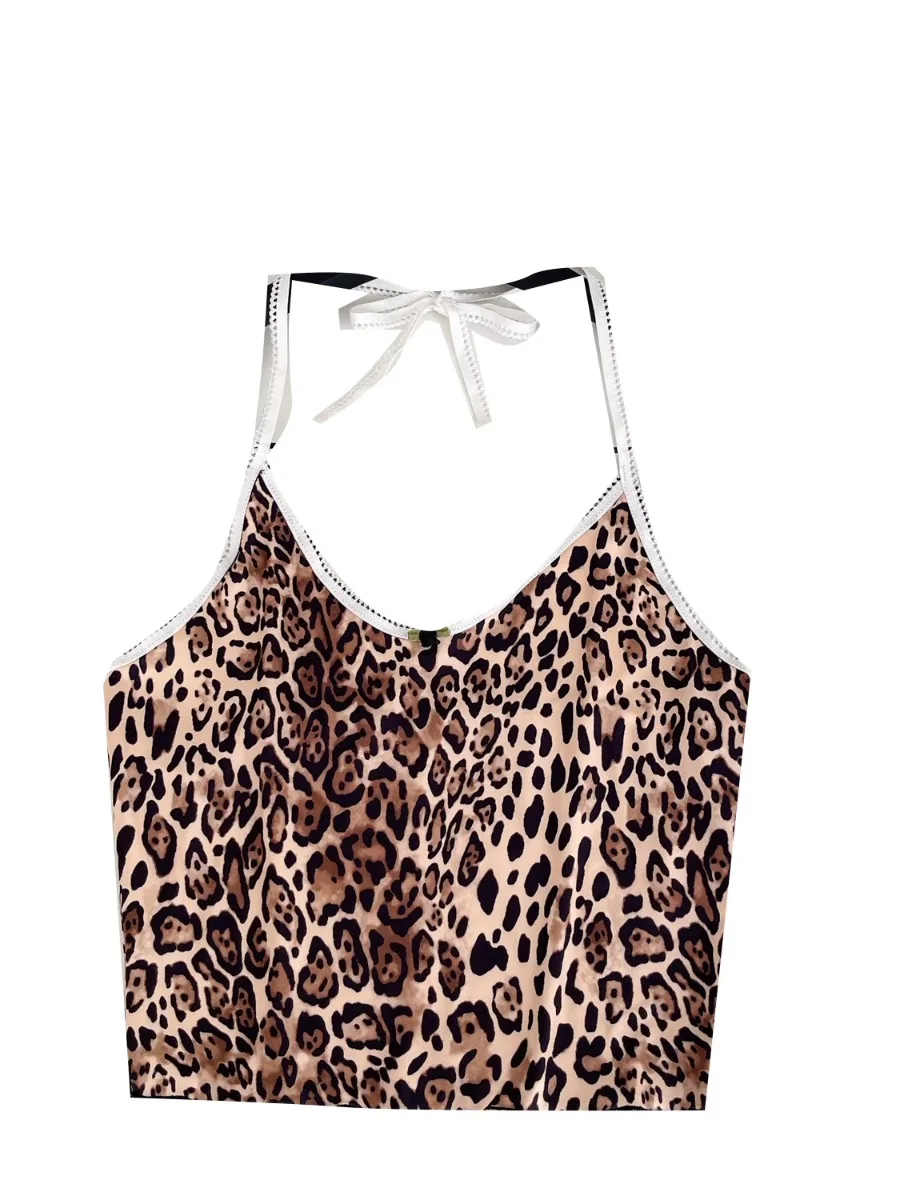 Foamlina Ins Top sexy con scollo all'americana per donna 2025 Estate Nuovo desiderio puro Hot Girl Slim Fit Gilet senza schienale Leopard Camis Street