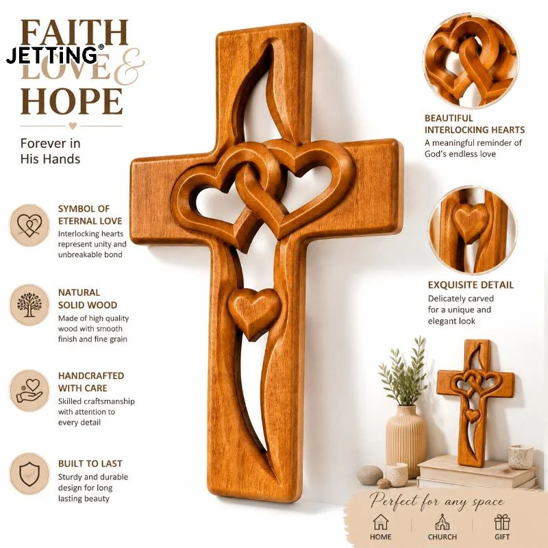 Hand-Carved Intertwined Hearts Cross Wall Decoration Rustic Wooden Double Hearts Cross Wall Sculpture Religious Decor