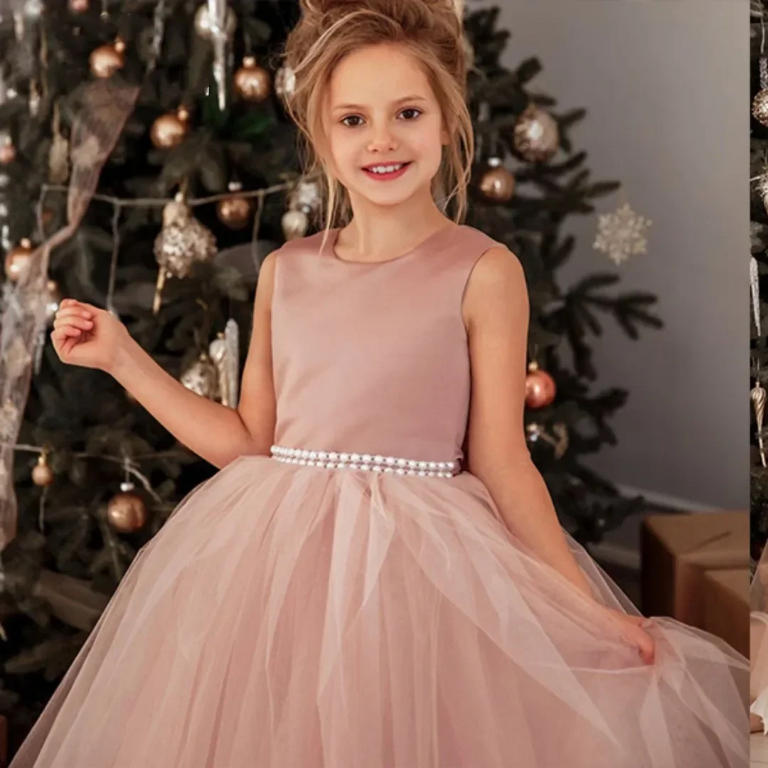 

Flower Girls Satin Tulle Princess Pageant Dress for Wedding Kids Pearls Prom Ball Gowns with Bow-Knot Maxi Dress