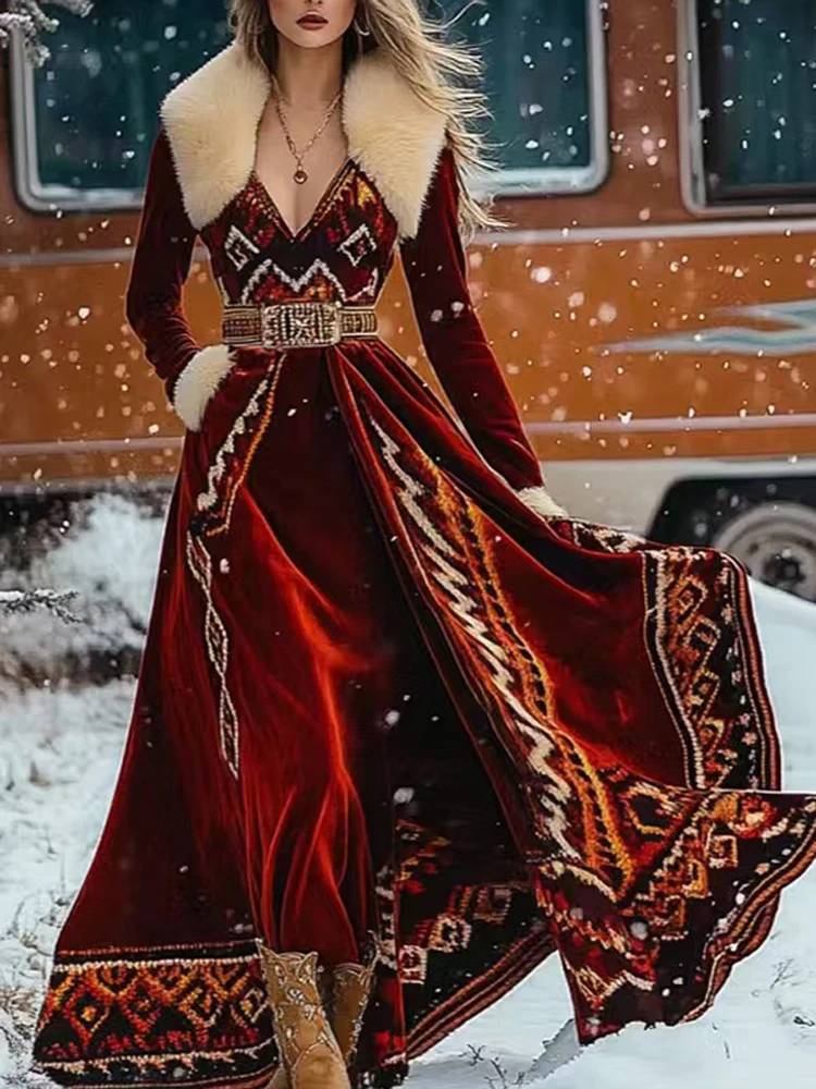 Sexy Women Print Feather Bohe Long Dresses Winter Ethnic Hair Collar Gold Velvet Party Dress Vintage High Waist Vacation Dress