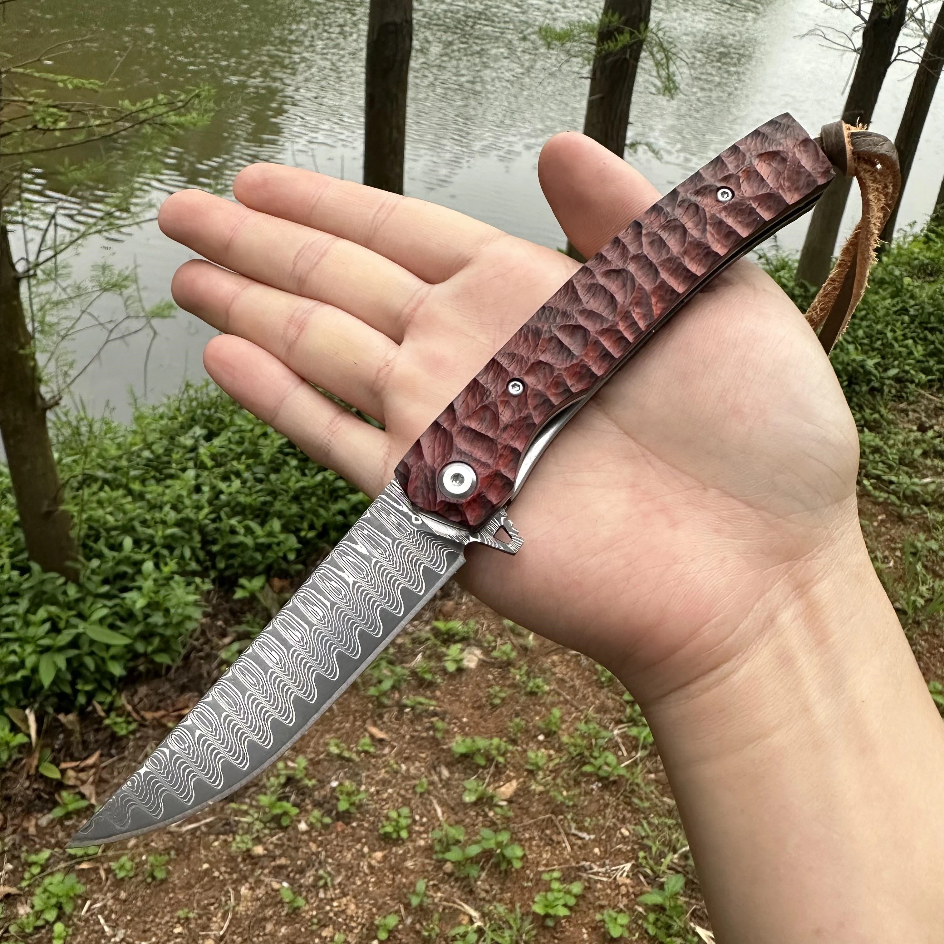 SteelRose Handmade EDC Folding Pocket Knife Damascus Blade Rosewood Handle Smooth Ball Bearing Japanese Collection Knife Outdoor