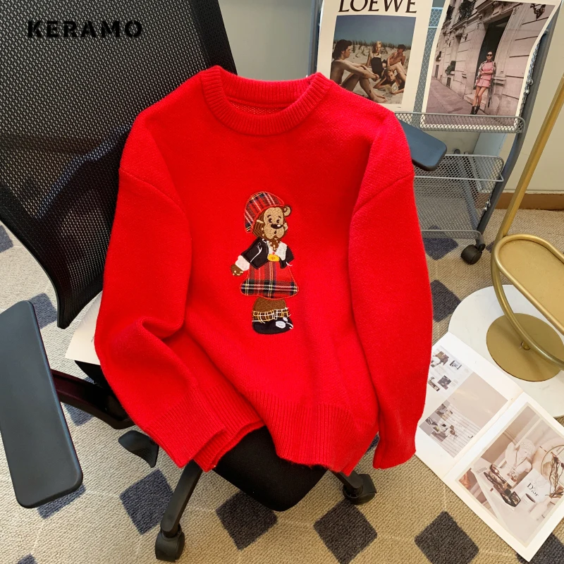 2023 Autumn Winter Casual Knitting Long Sleeve Red Pullovers For Women Vintage Loose Fit Cartoon Print Knitwear Sweater Top