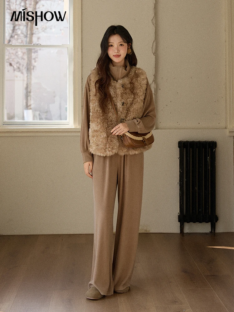 MISHOW Two-piece Women's Tracksuits 2025 Winter Brown Retro Suit Brushed Fleece Reversible Neck Top Wide-leg Pants MXE90T1434