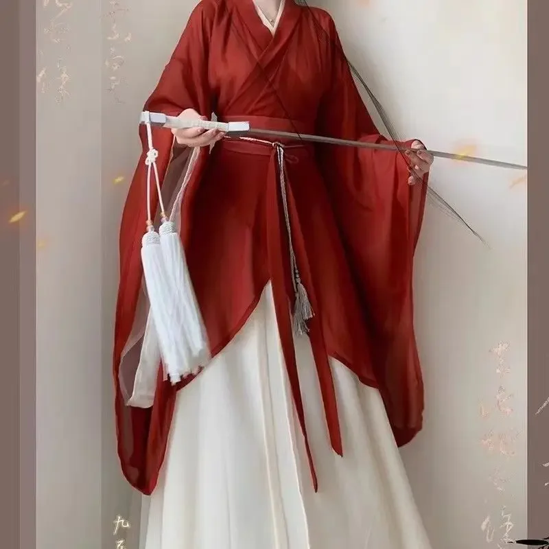 Gaun Hanfu Cina kostum Cosplay Karnaval Wanita pakaian pesta tradisional kuno Vintage musim panas merah & putih gaun Hanfu