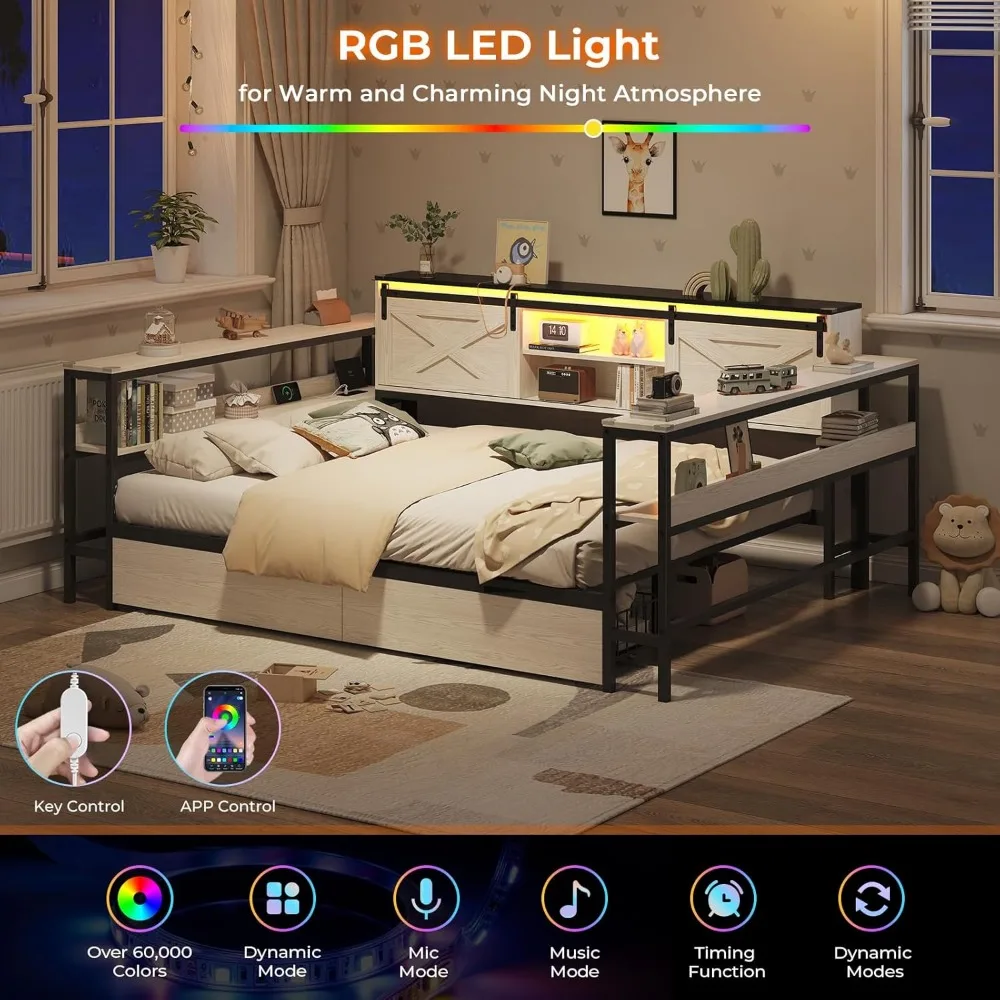 سرير Hasuit ذو زاوية كاملة مع أدراج وأرفف تخزين لخزانة الكتب، وسرير نهاري كامل مع محطة شحن وإضاءة LED، وخشب المزرعة