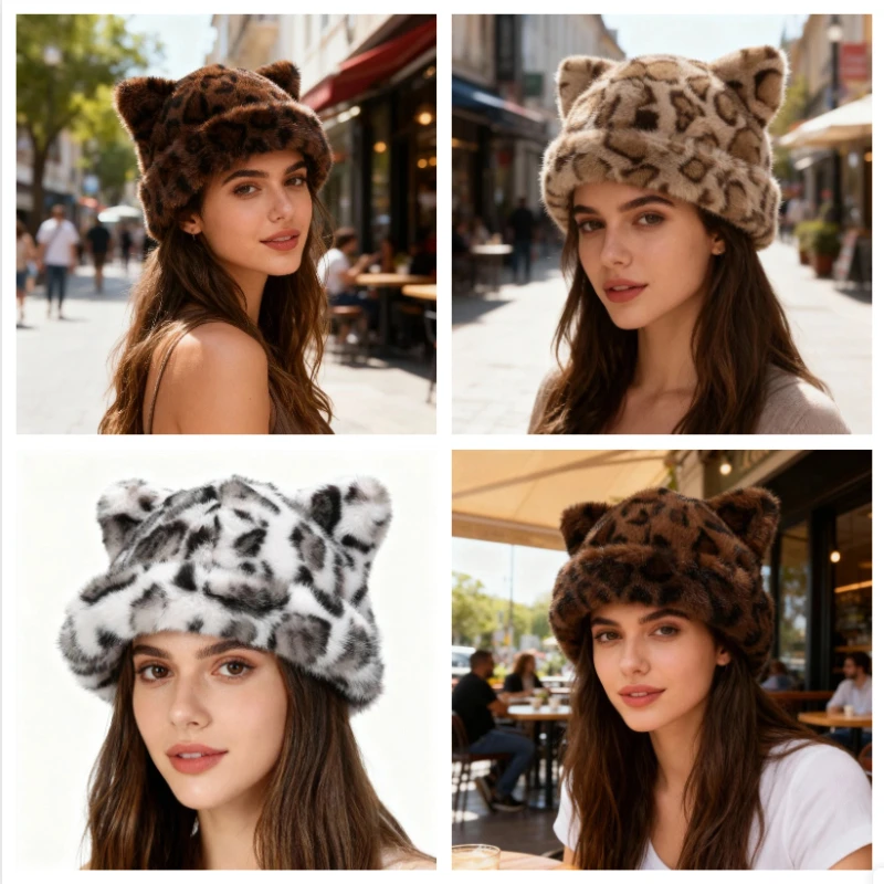 

1 fashionable retro thick and warm leopard print plush hat, a must-have for goddesses in autumn and winter