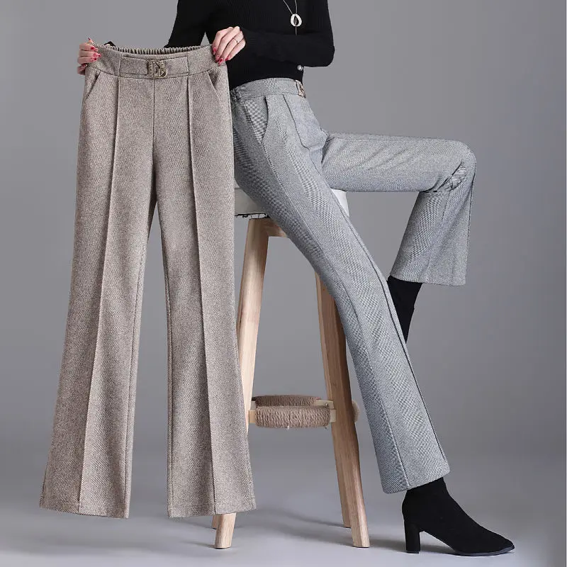 

Striped Office Lady Loose Woolen Flare Pants High Waist Slim thicken Warm Trousers 2023 New Autumn Winter Fashion Wide Leg Pants