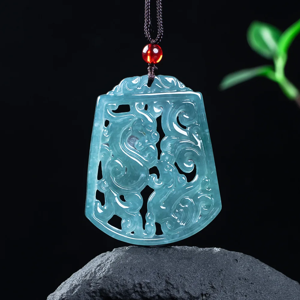 Authentic jade A-grade blue water dragon and phoenix pendant hollow double-sided exquisite jade jewelry for men and women daily