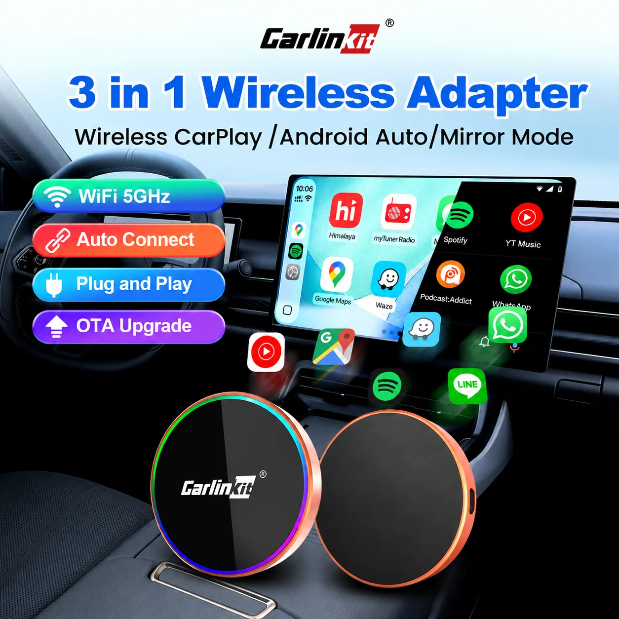 2026 CarlinKit 4.0 MAX Adattatore Wireless CarPlay 3 in 1 Mini Dongle Wireless Android Auto per Modalità Specchio OEM CarPlay Sistemi Auto Intelligenti USB-B/Type-C Senza Ritardi