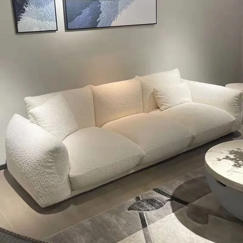 French Style Cream Fabric Sofa Small Apartment Living Room Lamb Wool Milk White Couch for Aesthetic Home Decor