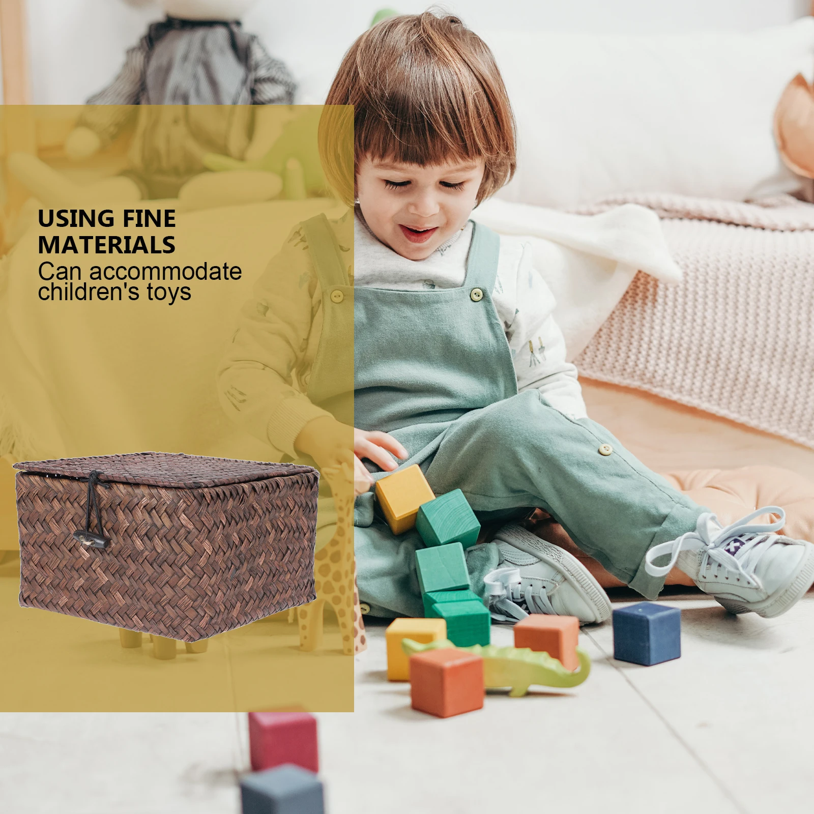 

1pc Storage for Home Seagrass Laundry Bin Wicker Cube Cloth Bins with Lids Multi-Function Decorative Storage Basket Decorative