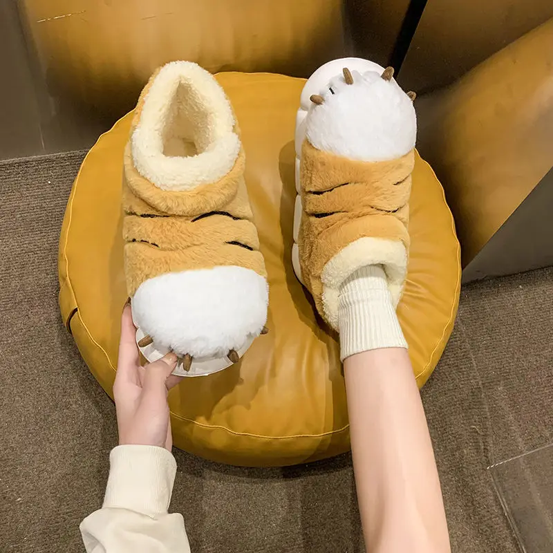 New tiger paw slippers woman men winter furry booties women\'s fuzzy home shoes size 44 45 girls Chrismas slippers drop shipping