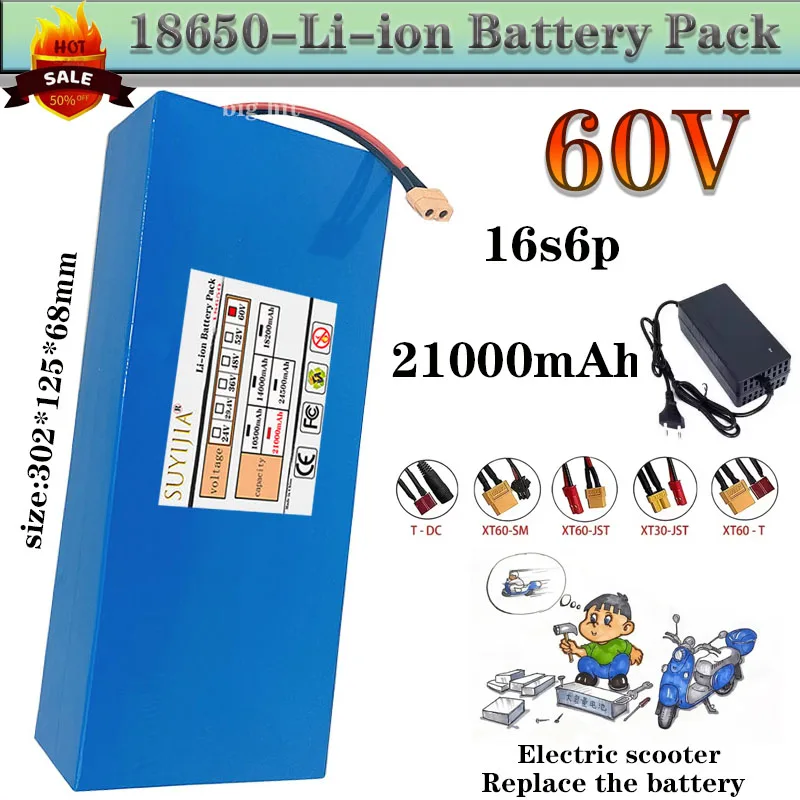 High Power 18650 16S6P 60V 21000mAh 1000W Lithium Battery Pack with Built-in BMS for Electric Motorcycle Scooter Battery
