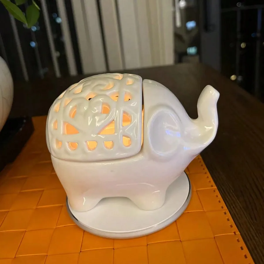 Cute Elephant Ceramic Aroma Burner Hollow Carved Essential Oil Wax Melt Warmer Tealight Candle Holder Home Decor - view 5