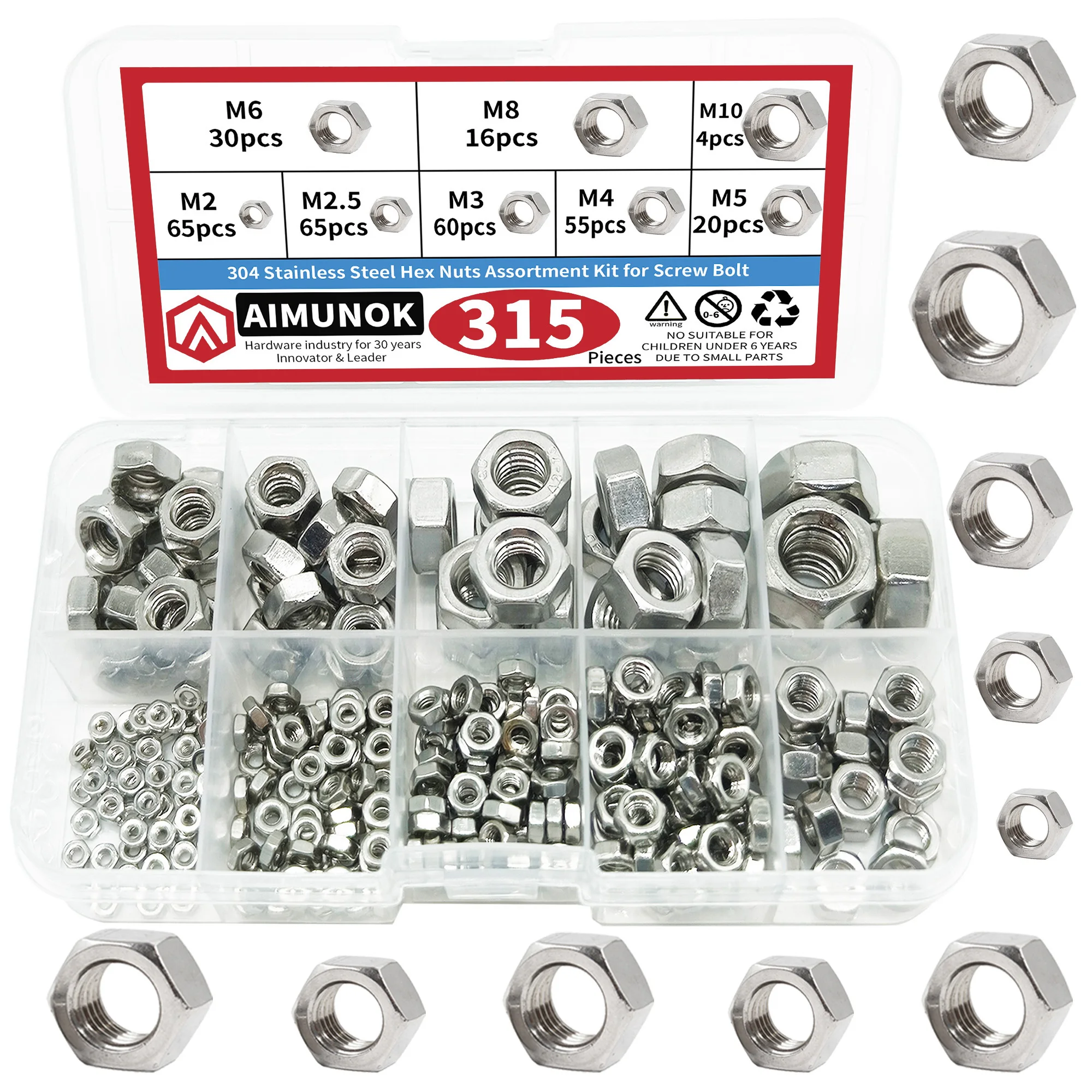 

315pcs 304 Stainless Steel Hex Nuts Assortment Kit for Screw Bolt M2 M2.5 M3 M4 M5 M6 M8 M10 Hex Hexagon Nut