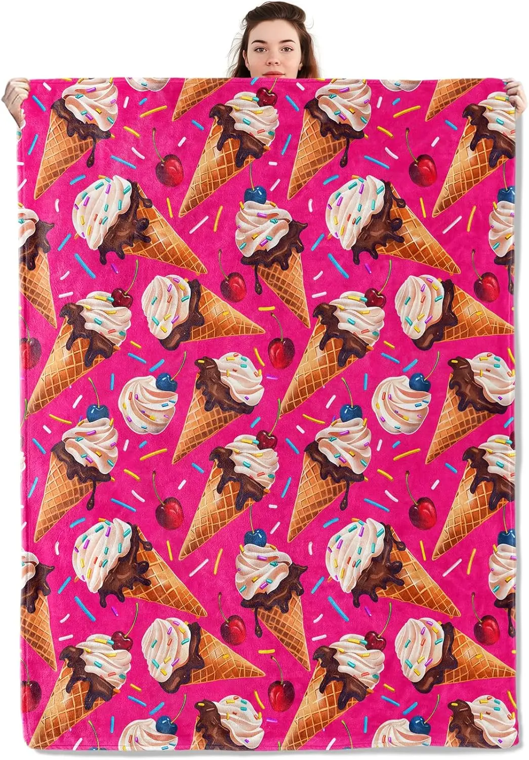 

Легкие одеяла с конусом для мороженого, подарки для женщин, фланелевые плед с красочным десертом на ярко-розовом фоне с принтом для