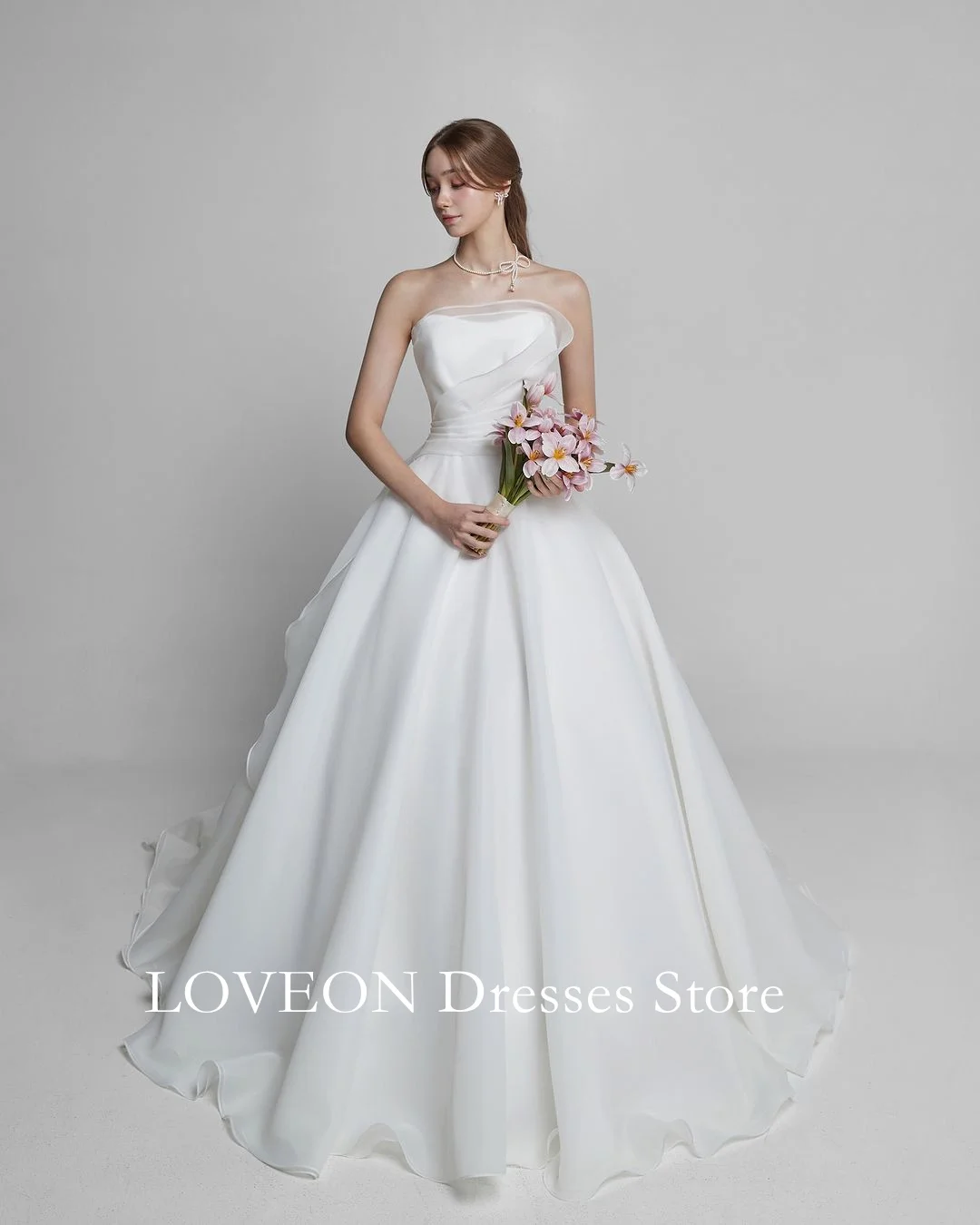 Loveon Pleated Elegant Wedding Dresses Corset 프롬드레스 A-Line Organza Ruched Simple Korea Sleeveless  Bride Gowns Party Women Bride