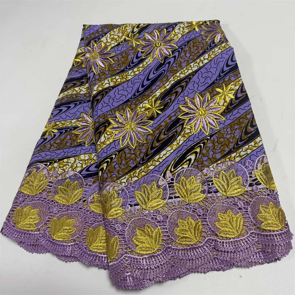 Tela africana de encaje encerado, encaje francés, guipur amarillo bordado, encaje encerado, algodón Ankara para vestido de mujer, 6 yardas