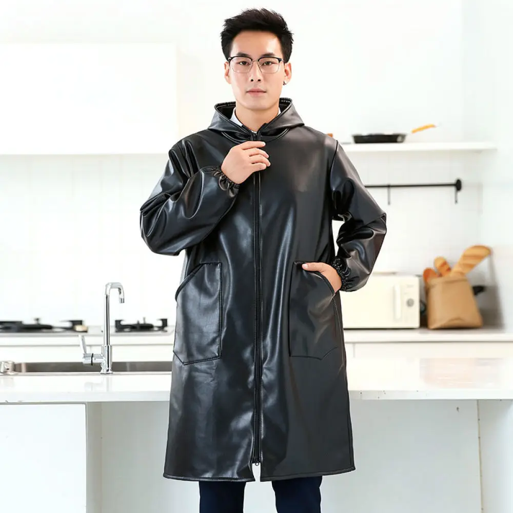 Professional Waterproof Kitchen Apron PU Leather Long Sleeve Smock Oil Proof Cleaning Uniform Thickened Soft Durable Overalls