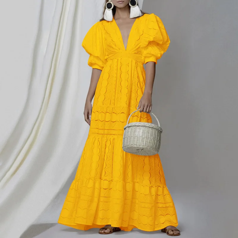 

2025 Summer Women's Deep V Bubble Sleeves Lace Dress With Hollow Long Skirt New