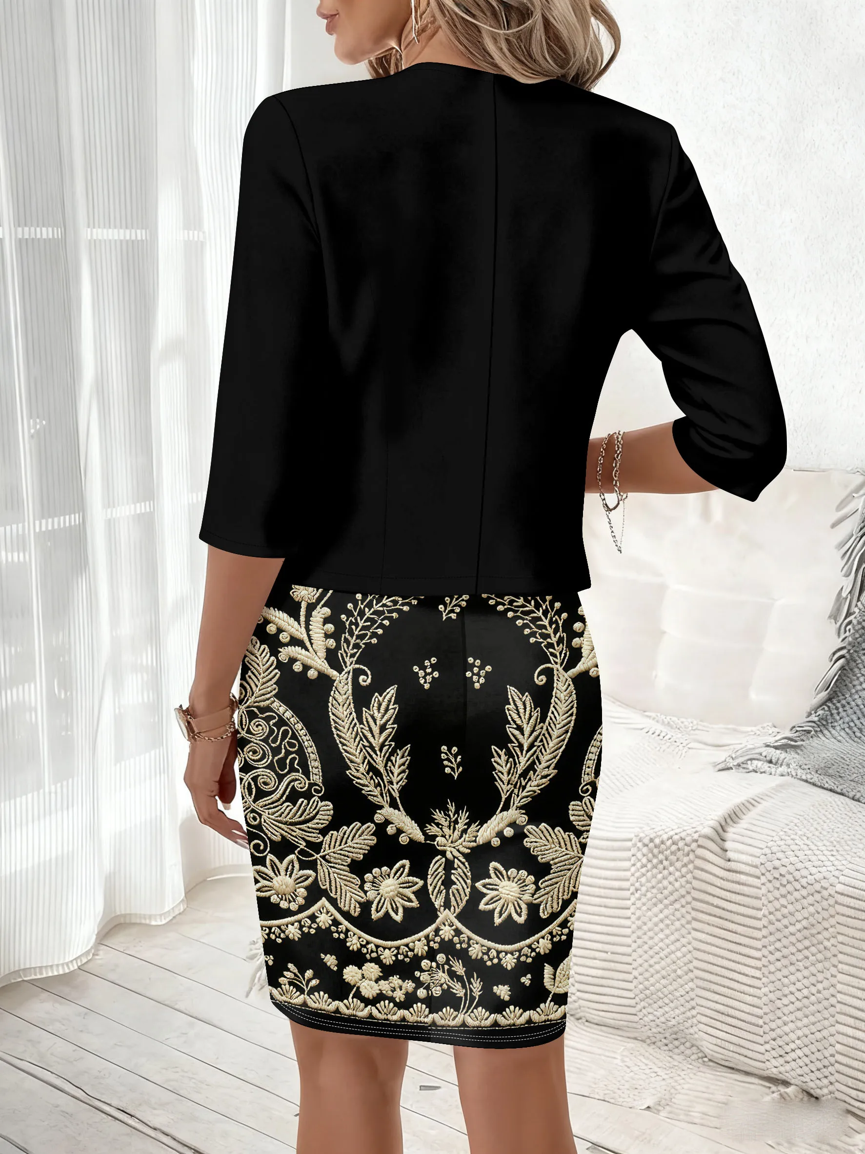 Printed Design Autumn/Winter collection Casual style Golden Floral Embroidery Pattern crew neck dress suit