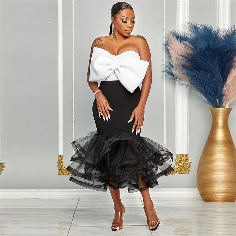 

Elegant Party Birthday Outfits Women Two Piece Set Big Bow Strapless Top and Long Skirt Suits Night Club Mermaid Maxi Dress Sets