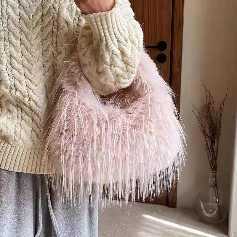 

2024 Winter New Faux Fur Handbag Trendy Fuzzy Long Tassel Plush Shoulder Bag Fashion Female Furry Purse Tote Handbag Sac A Main