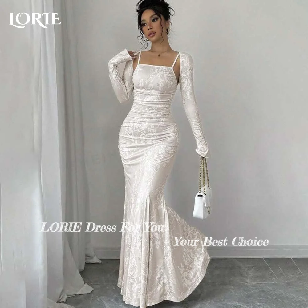 Lorie ชุดแต่งงานวินเทจแขนยาวหรูหราคอสี่เหลี่ยมชุดนางเงือกสำหรับเจ้าสาวชุดเดรสเจ้าสาวพิมพ์ลาย bobycon