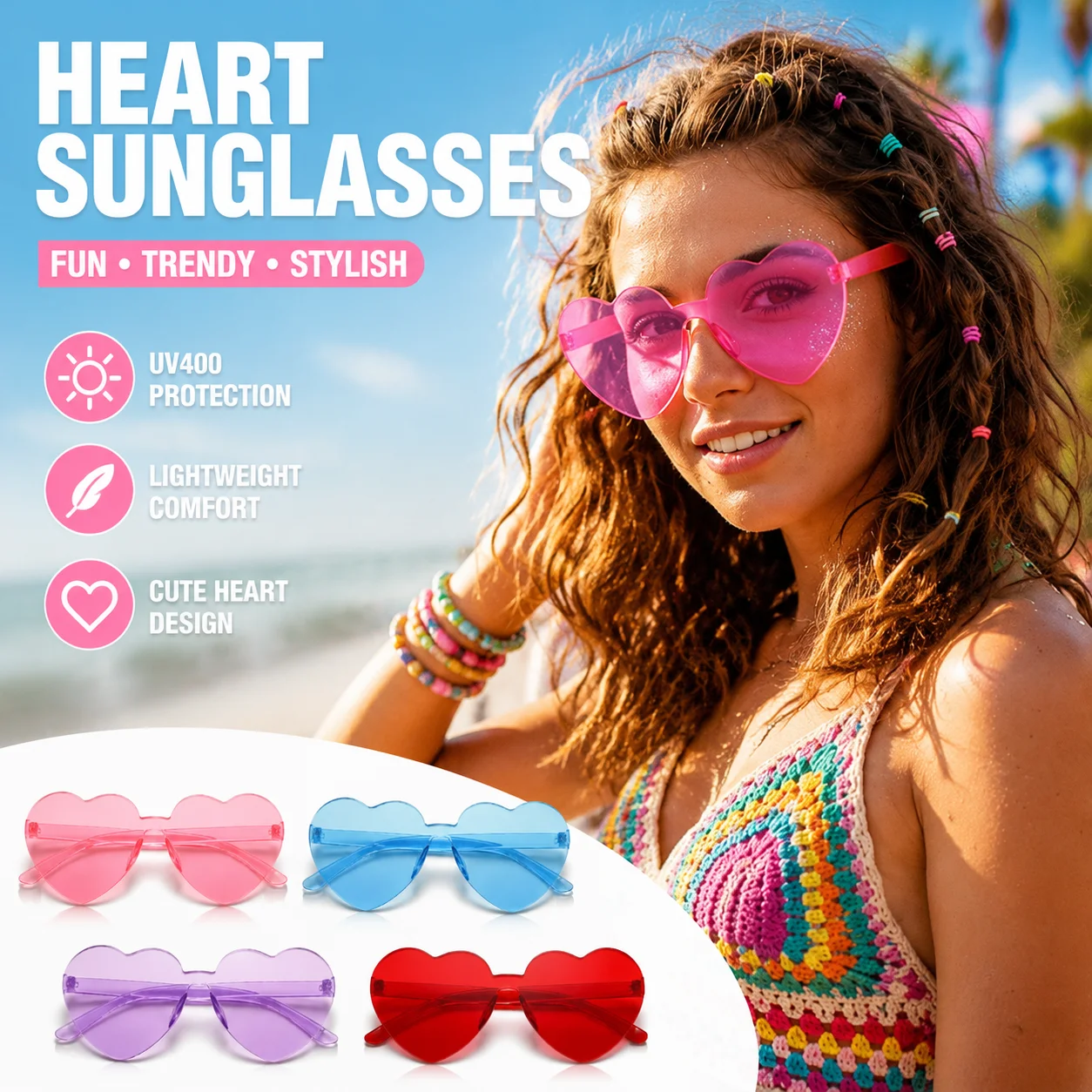 Heart Shaped Sunglasses Colorful Transparent Rimless Love Glasses for Women Men Party Wedding Festival Carnival Photo Decor