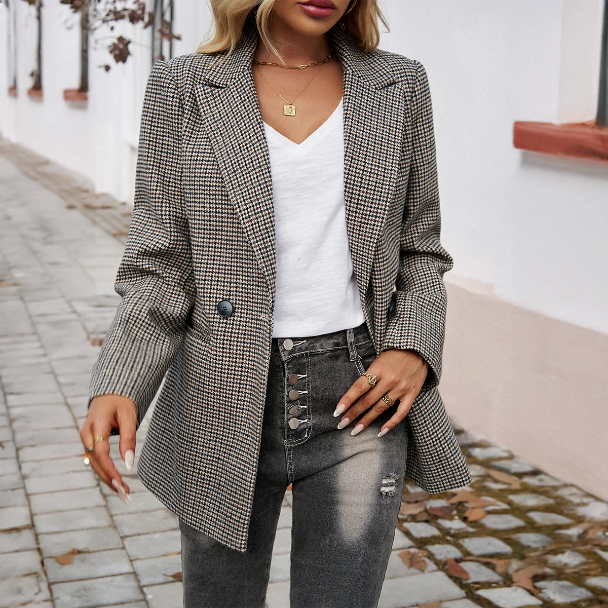 2024 Autumn and Winter European and American Foreign Trade Women\'s Wear Commuter Contrast Color Lapel Button Small Suit