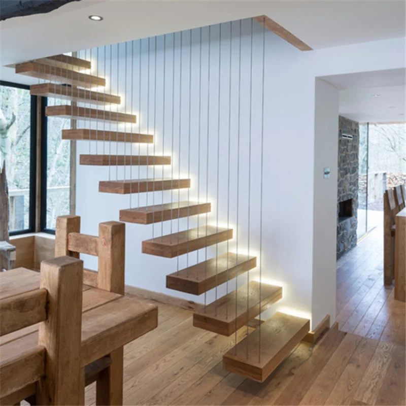 custom.Prima Interior Floating Staircase with LED Oak Timber Step and Glass Railing From Foshan Factory