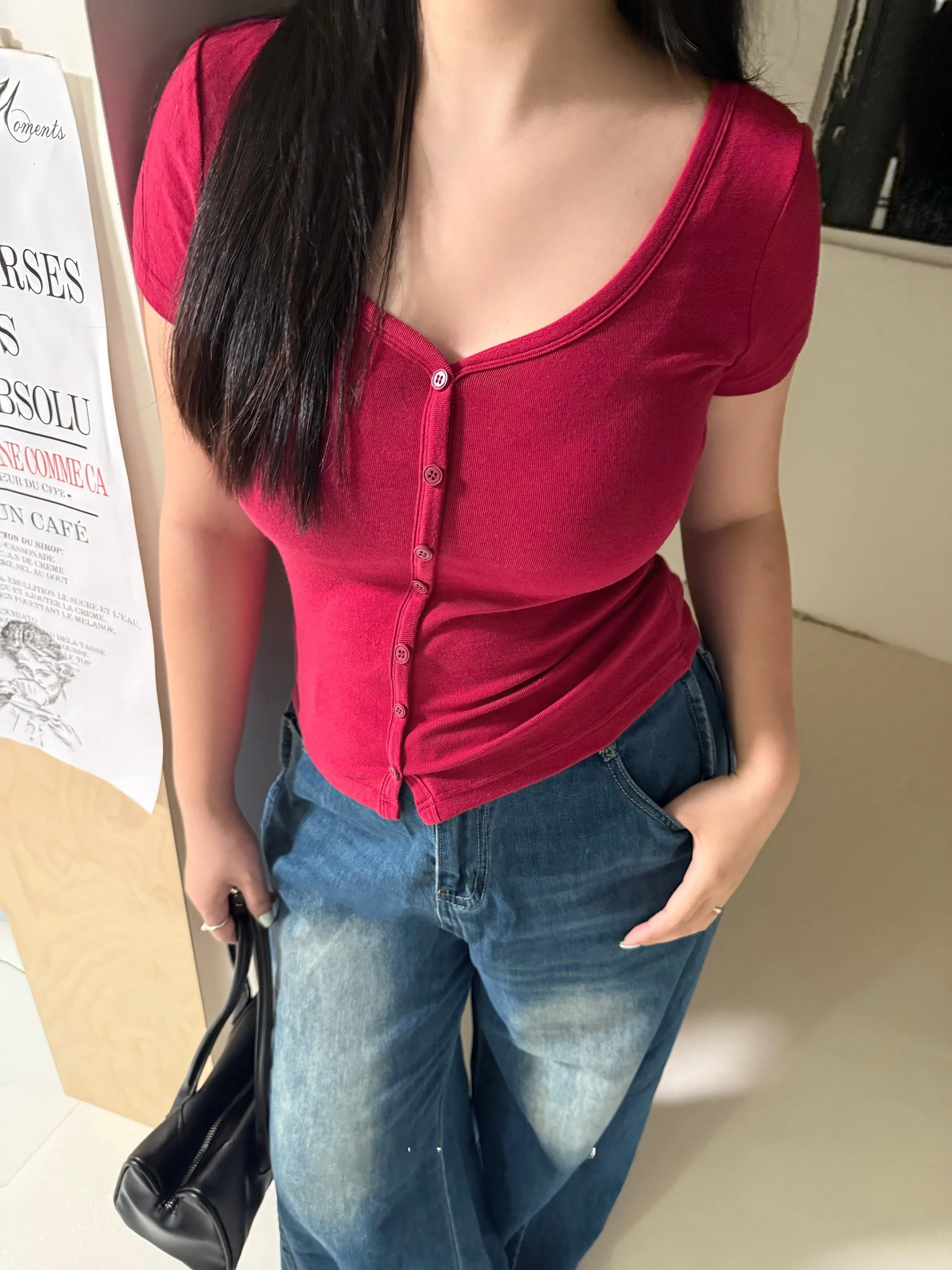 

NINI ONE Корейский летний топ Pure Desire Heart Collar с коротким рукавом для женщин больших размеров, красный, утягивающий, влагоотводящий