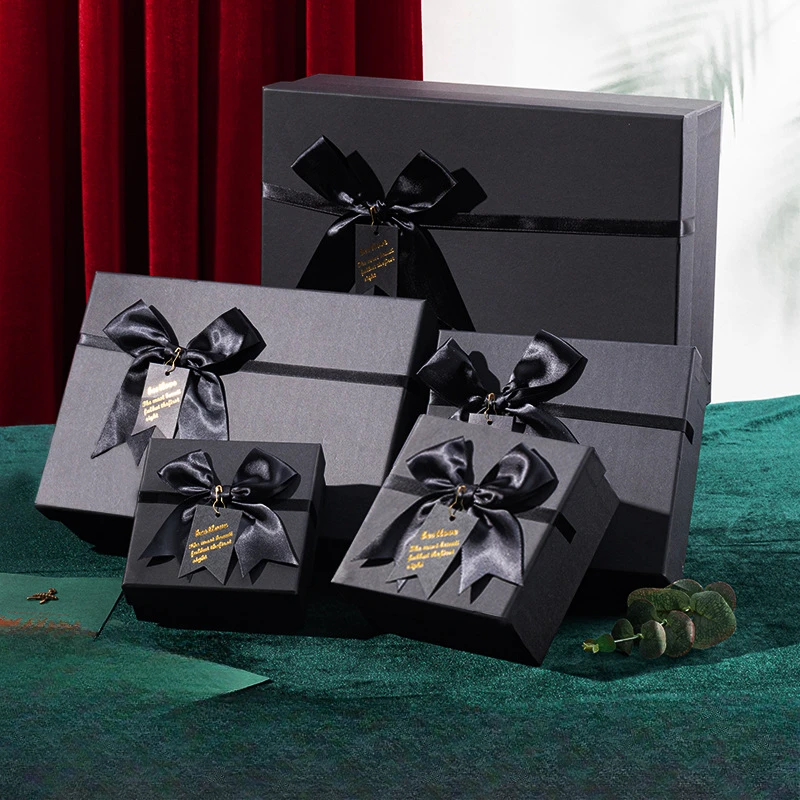 Paper Carton Gift Box Black Rectangular Bow Ribbon Gift Box Large Exquisite Packaging Box with Cover