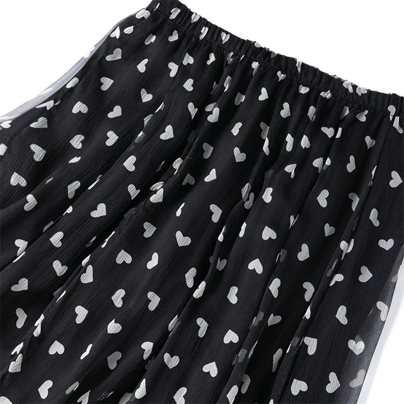 Women Silk Skirt 100% Mulberry Silk Black Heart Printed Long Type Skirt With Double Lining Summer Beach Big Hem M1181