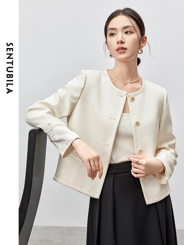 

SENTUBILA Elegant Jackets for Women 2025 Spring Autumn Chinese Fashion Round Neck Short Coats Ladies outerwears Woman 143W55795