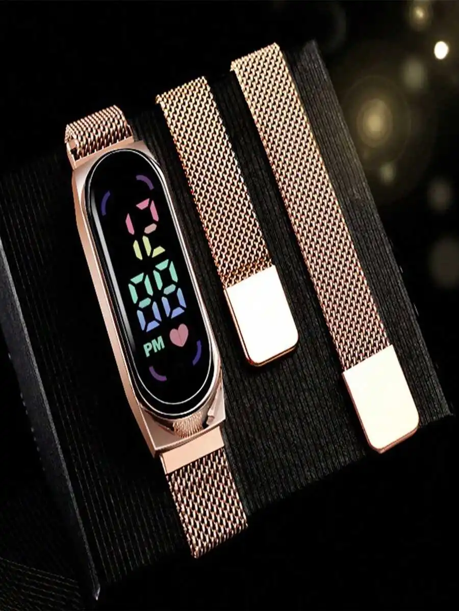 1pc Magnetic LED Display Digital Watch With Oval Pointer, Sports Digital Watch With Mesh Stainless Steel Strap