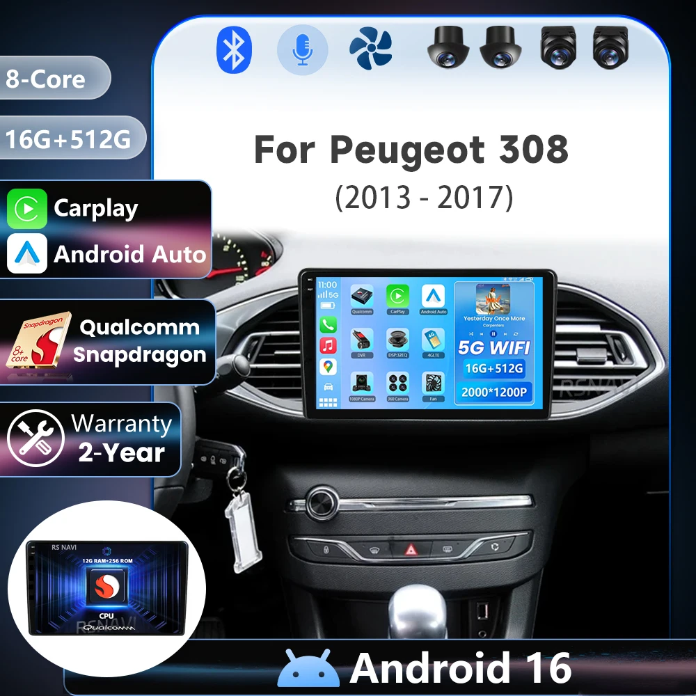 Android 16 Qualcomm Carplay Auto 2K QLED Screen Car Radio Player For Peugeot 308 2013 - 2017 Stereo Multimedia 24-Hour Shipping