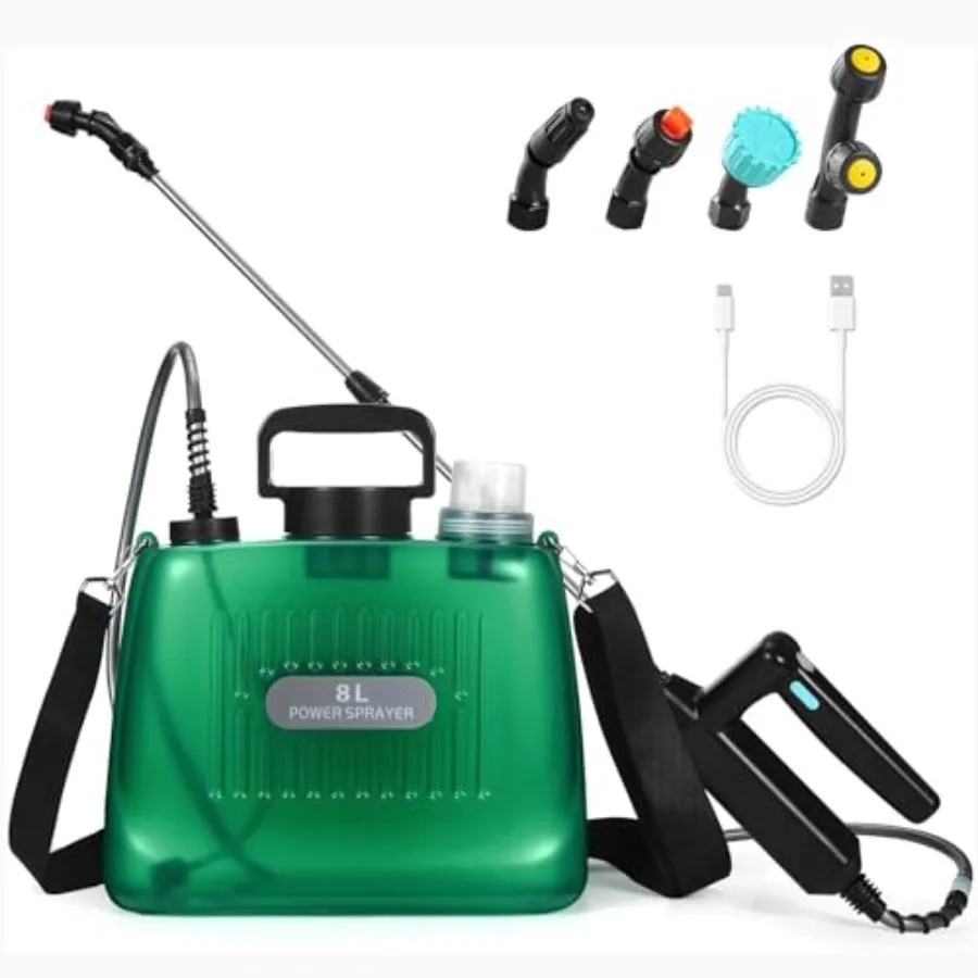 

Battery Powered Sprayer 2 GallonRechargeable Pump Sprayer with Adjustable Shoulder Strap 4 Mist Nozzles Retractable Wand Portab