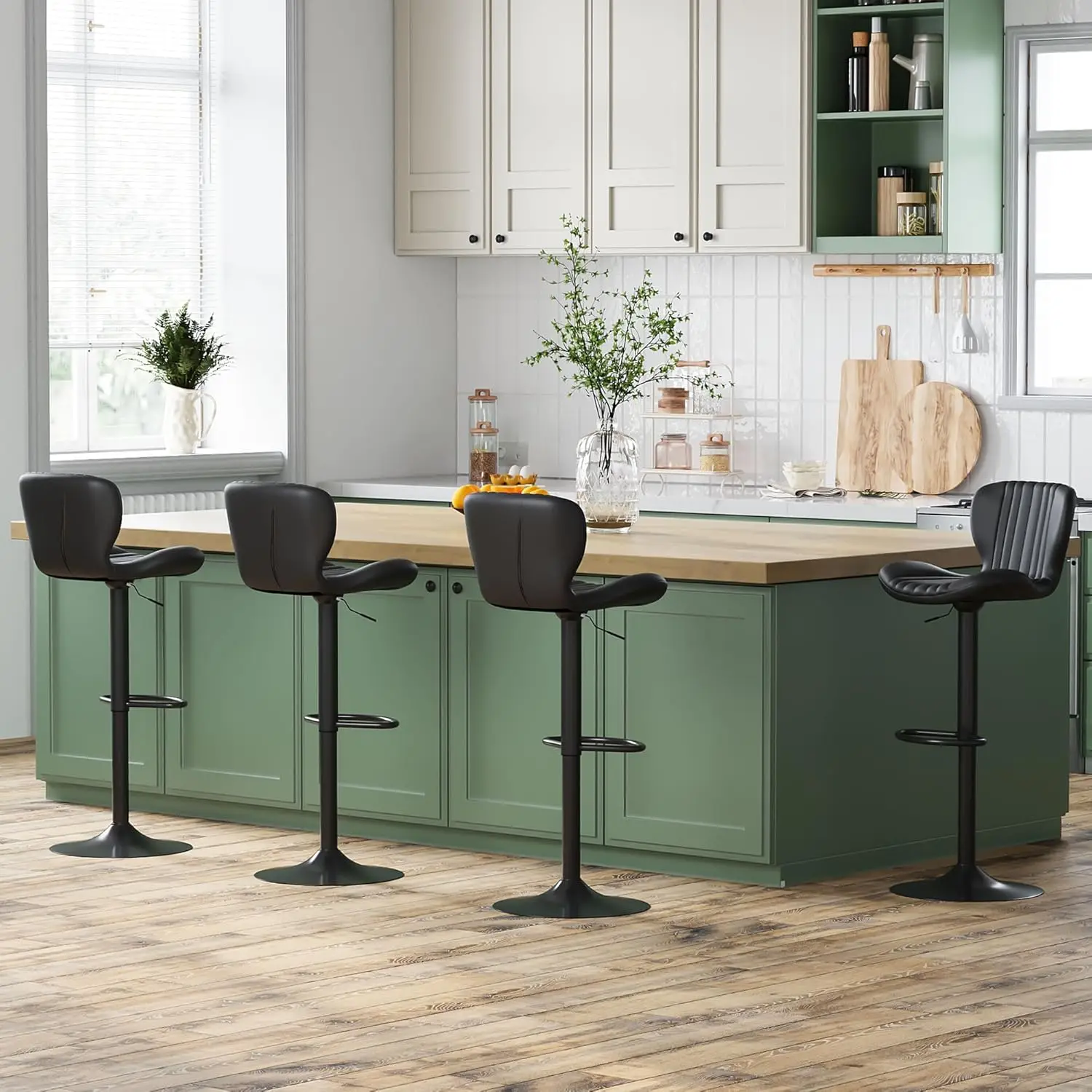가죽 바 스툴 4개 세트, 조절 가능한 카운터 높이, 주방용 모던 블랙 아일랜드 의자